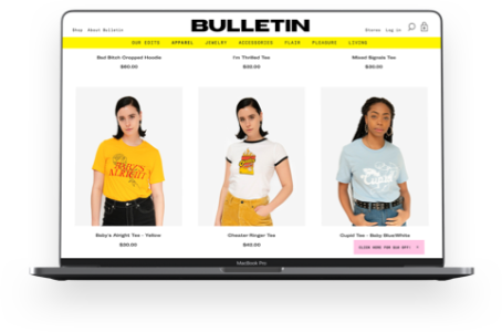 Bulletin tilpasset e-handelshjemmeside på mobil og computer.